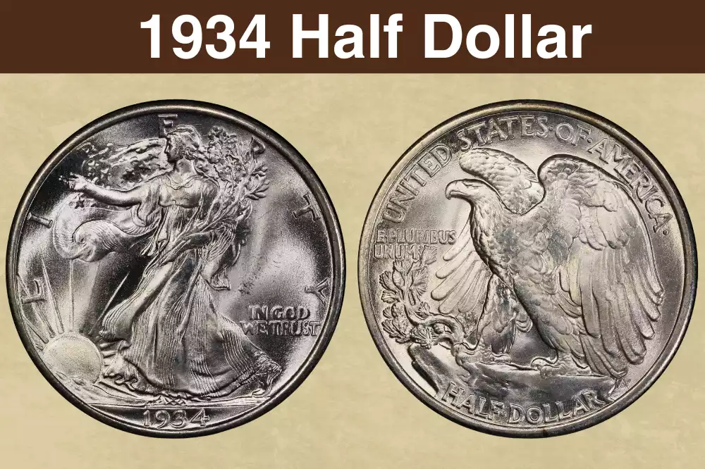 1934 Walking Liberty Half Dollar obverse and reverse showing Liberty striding with flag and spread-eagle reverse