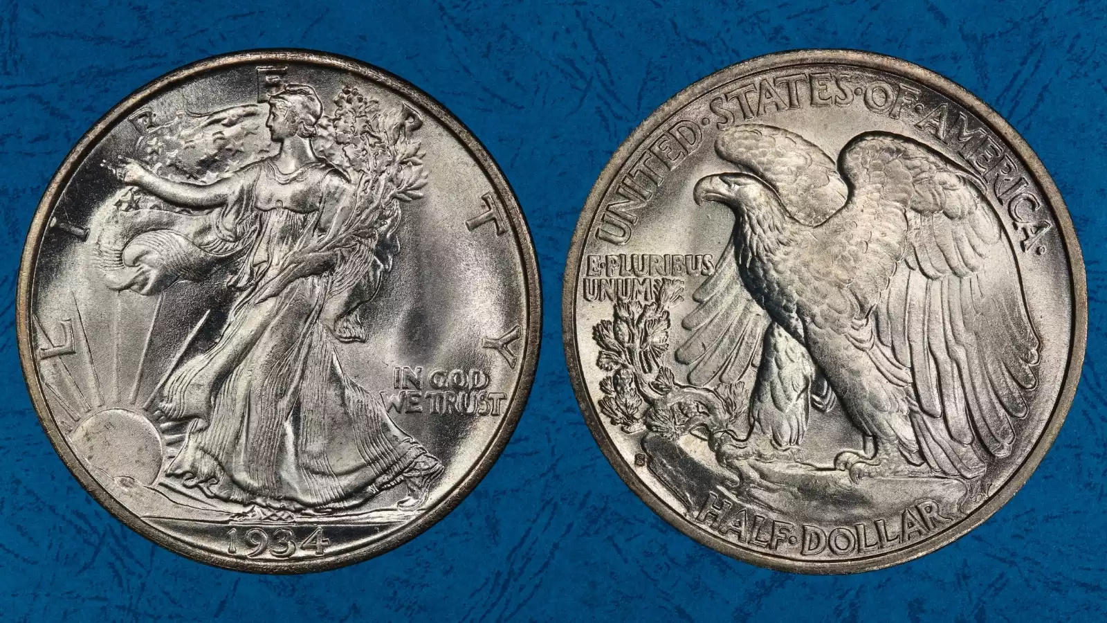1934-S Walking Liberty Half Dollar comparison: circulated example left versus gem Mint State MS65 example right showing luster difference