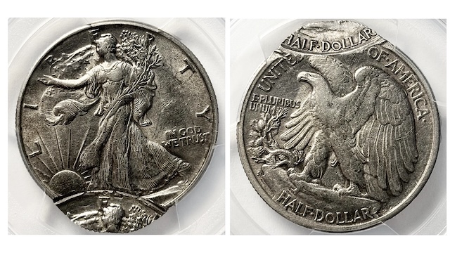 1934 Walking Liberty Half Dollar double strike error showing overlapping ghost design elements from two die impressions