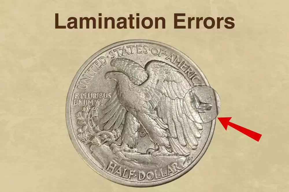 1934 Walking Liberty Half Dollar lamination error showing peeling or missing silver alloy layer on coin surface