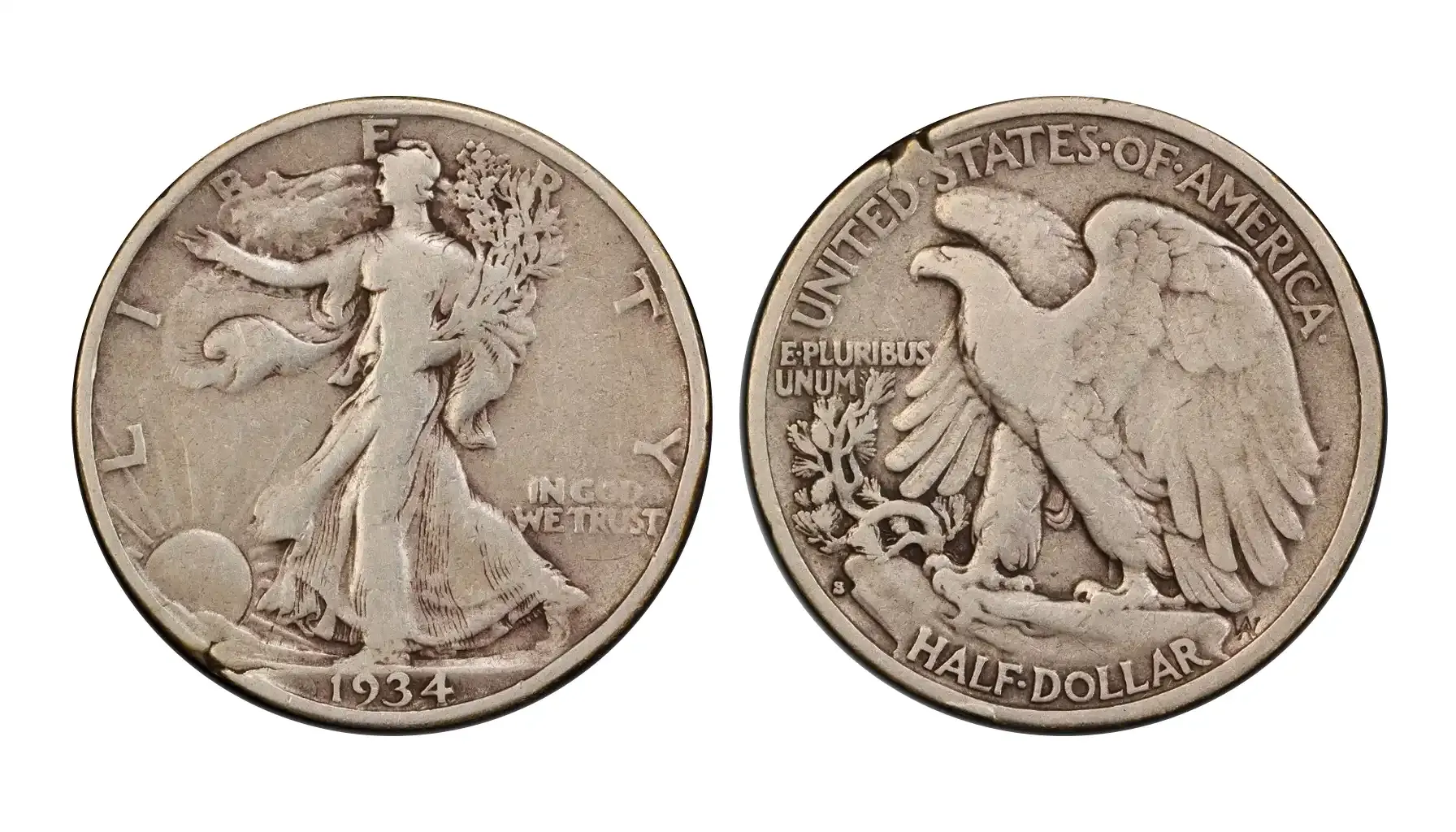 1934-D Walking Liberty Half Dollar reverse showing repunched mint mark RPM error with doubled D mint mark visible beneath pine sapling
