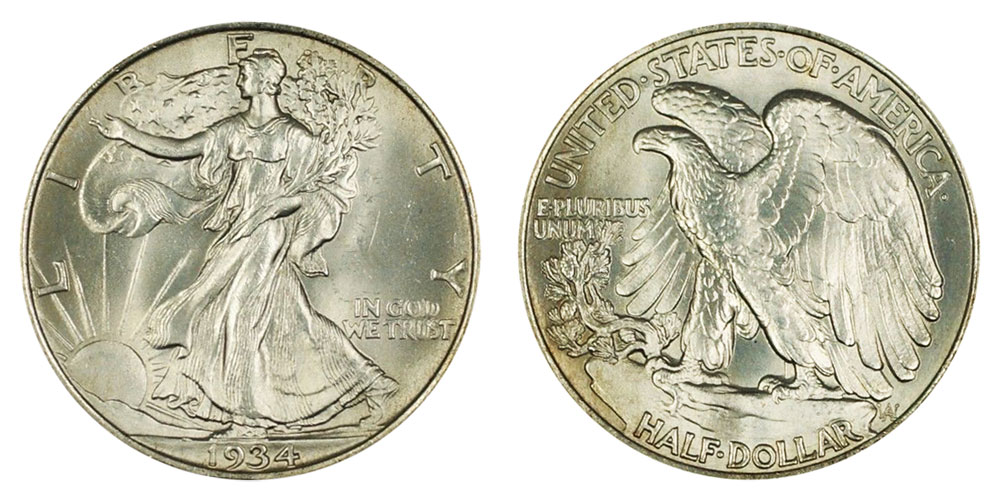 1934 Walking Liberty Half Dollar grading strip showing four coins from worn Good grade through Fine, About Uncirculated to gem Mint State with condition labels